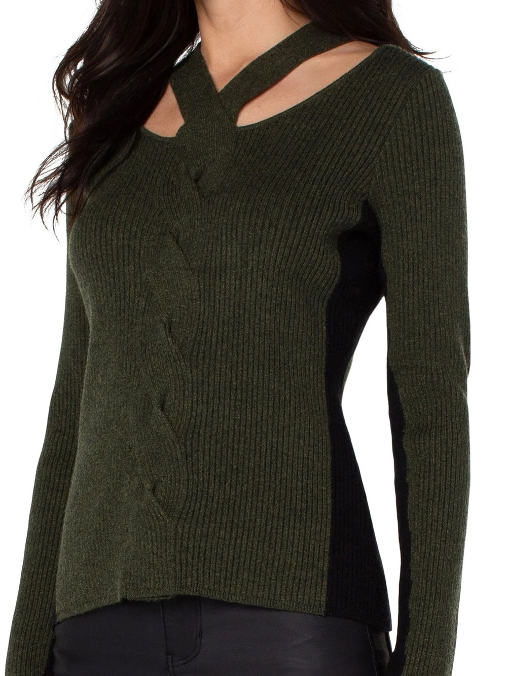Liverpool Olive Ribbed Twist V-Neck Sweater